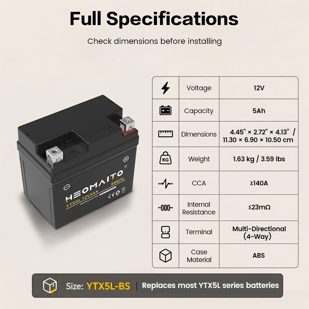 YTX5L-BS Motorcycle Battery AGM 12V 5Ah Maintenance-Free Sealed – Replacement for Honda Yamaha ATV Scooter Snowmobile CTX5L ETX5L