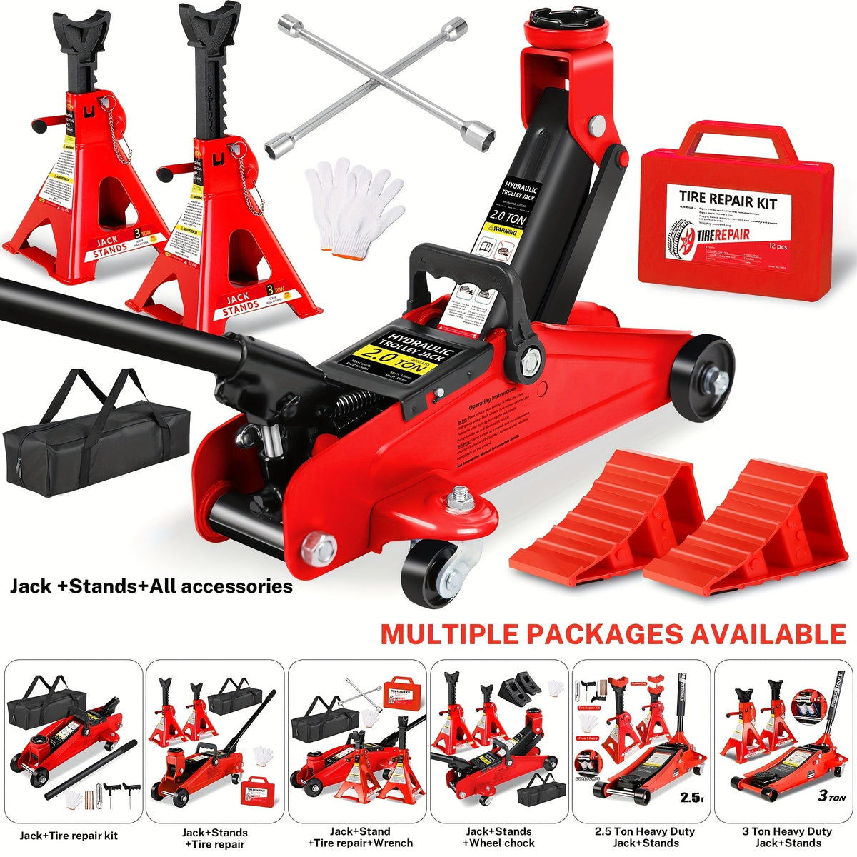 2/2.5/3 Ton Low Profile Hydraulic Floor Jack & Jack Stands Combo Kit, with Tire Repair Kit Wheel Wrench Wheel Chock, Multiple Configurations Red/Blue