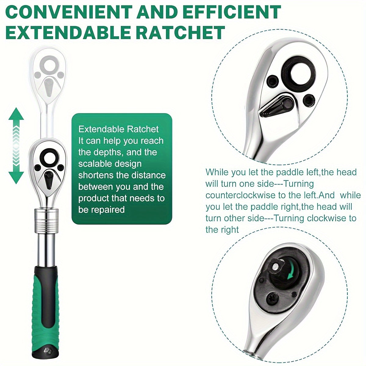 Extendable Ratchet Set 3-Piece 1/4 3/8 1/2 Inch Drive 72-Tooth Quick-Release with Soft Grip Handle – Reversible Gear Socket Wrench for Mechanics