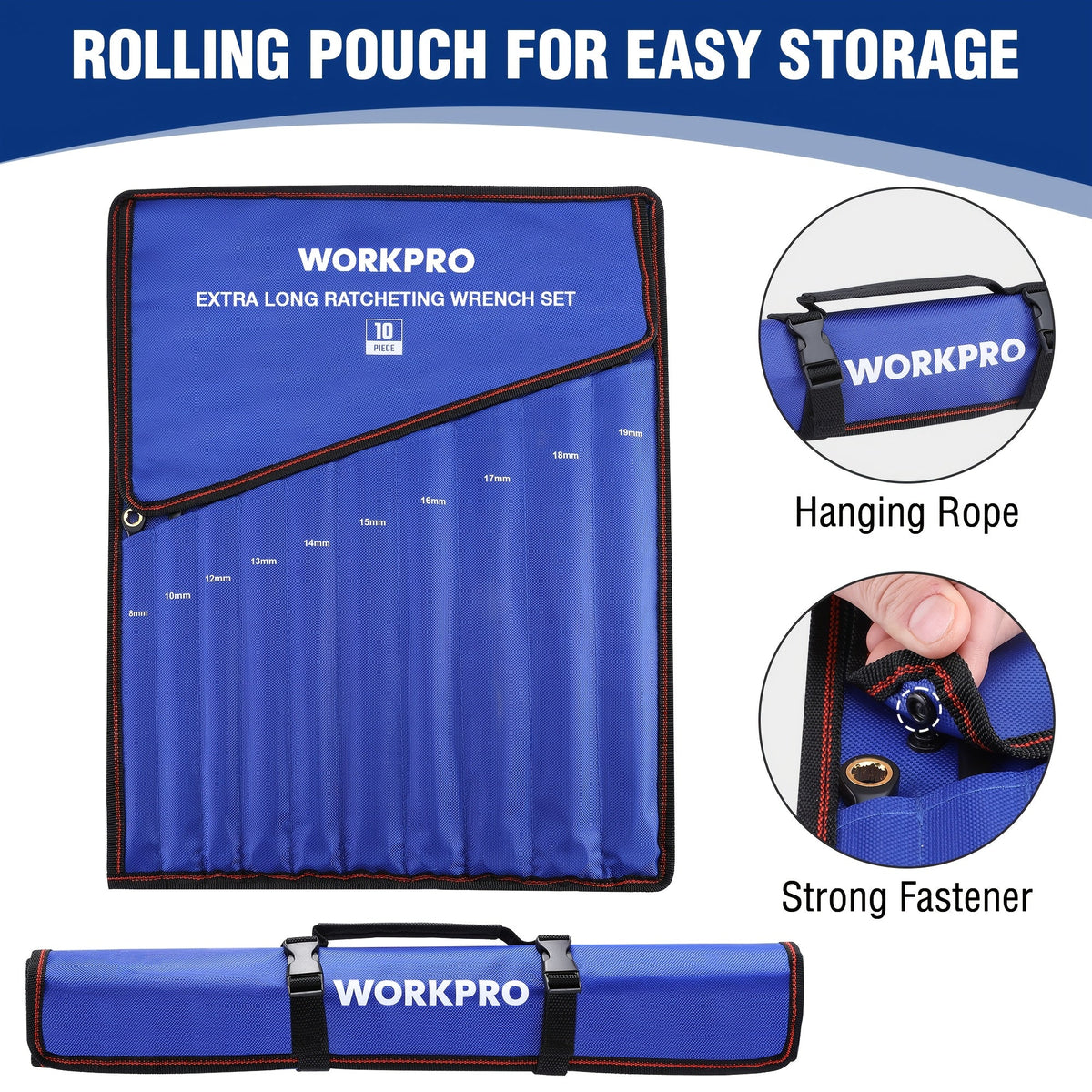 Ratcheting Wrench Set 10-Piece Extra Long Double Box Wrenches Metric 8-19mm 72-Tooth Cr-V Steel Anti-Slip with Rolling Pouch by WORKPRO