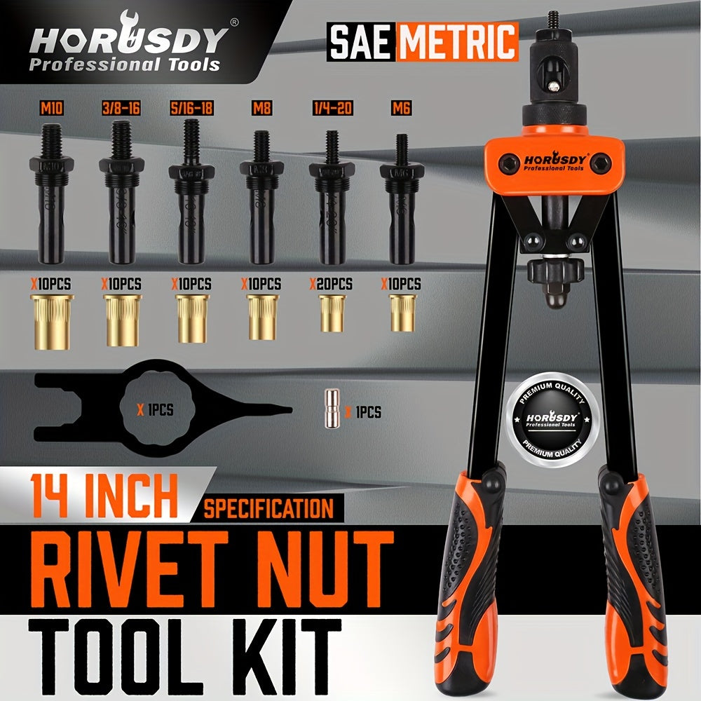 14-Inch Hand Rivet Nut Tool Kit – 7 Mandrels (M6 M8 M10 / 1/4-20 5/16-18 3/8-16), 70pcs Rivet Nuts, Chrome Steel, Carrying Case Included