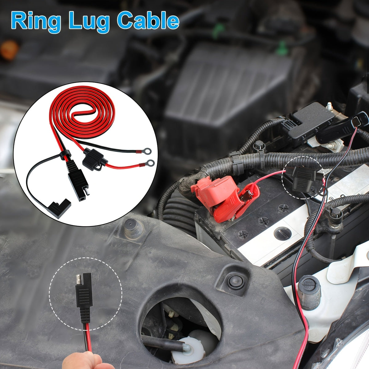 SAE Battery Cable Extension Wire with Inline Fuse – 2pcs | O-Ring Terminal Harness for Motorcycle, Car, ATV