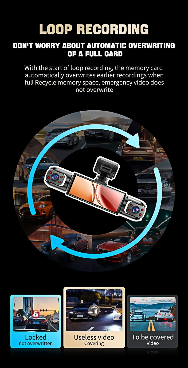Dash Cam 360° Panoramic 3/4 Lens – 1080P HD Front + 720P Rear Left Right, Quad-Split Screen, Night Vision, G-Sensor, Loop Recording, WDR Car Camera