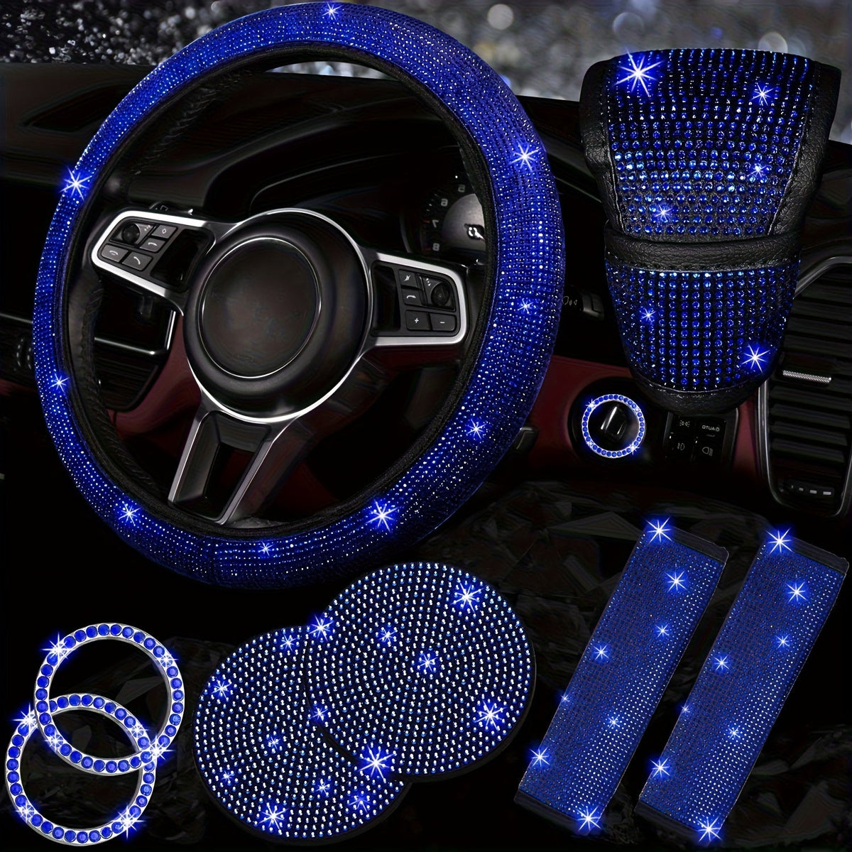 Bling Car Accessories Set for Women – 8pcs Rhinestone Steering Wheel Cover, Cup Coasters, Seat Belt Shoulder Pads, Starter Rings & Gear Shift Cover