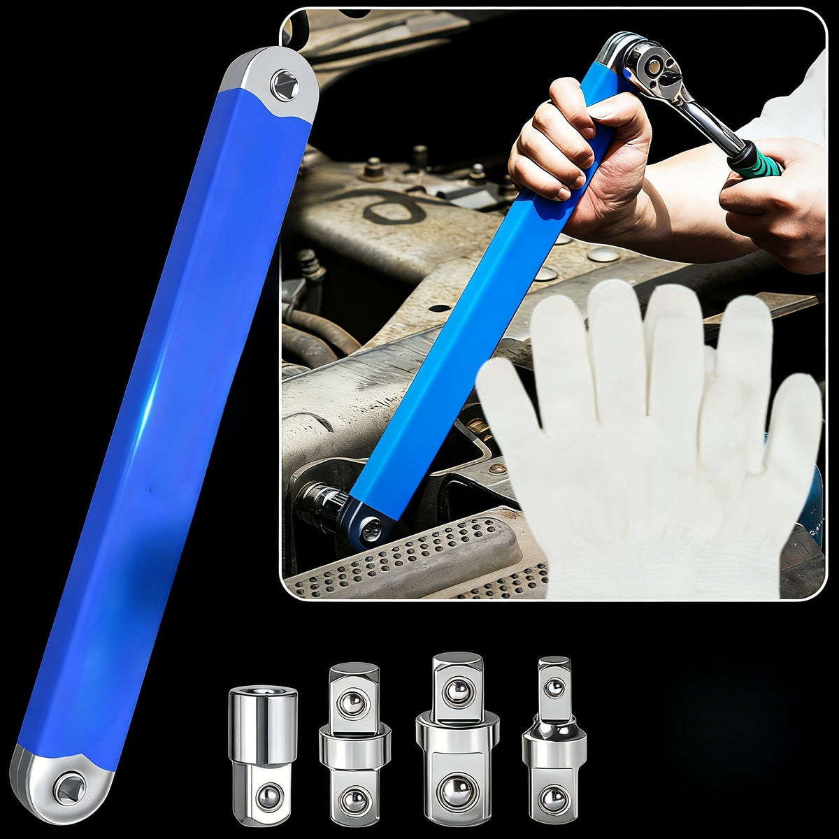 Zero Offset Extension Wrench Set 15 Inch Impact-Ready with 3/8 Ratchet & 1/2 1/4 3/8 Square Drive Adapters for Tight Spaces & Auto Repair
