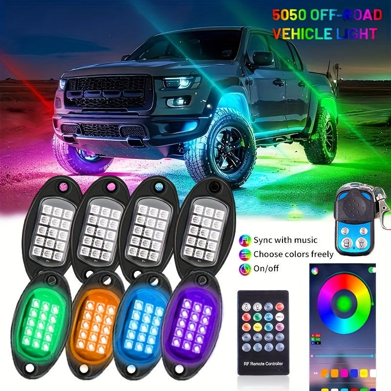 RGB LED Rock Lights 8pc or 4pc | 15 LED Per Pod App & Music Mode Underglow Kit for Trucks Jeeps UTVs SUVs Golf Carts 12V