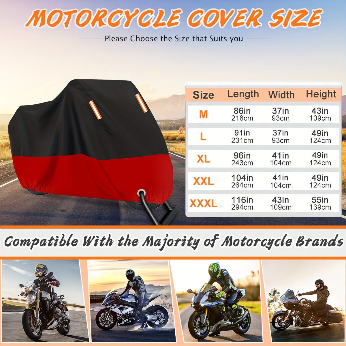 Motorcycle Cover 210D Oxford Cloth Waterproof All-Weather – Reflective Stripes for Harley Davidson Honda Suzuki Kawasaki Yamaha M & XXXL Black Red