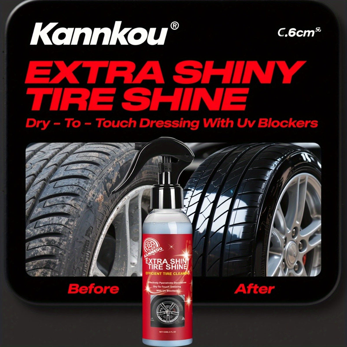 Tire Shine Spray & Dressing 120ml, High Gloss Black Tire Polish with UV Protection, Long-Lasting Coating for All Vehicles, Quick Shine Restoration