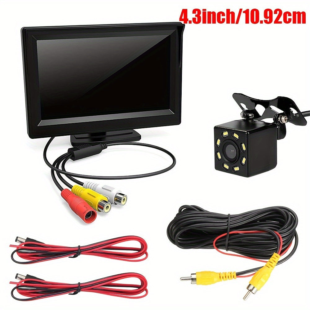Backup Camera Kit with 4.3" Monitor – 8 LED Night Vision, Wide Angle Rearview Camera for Cars, Trucks & SUVs, HD Parking System