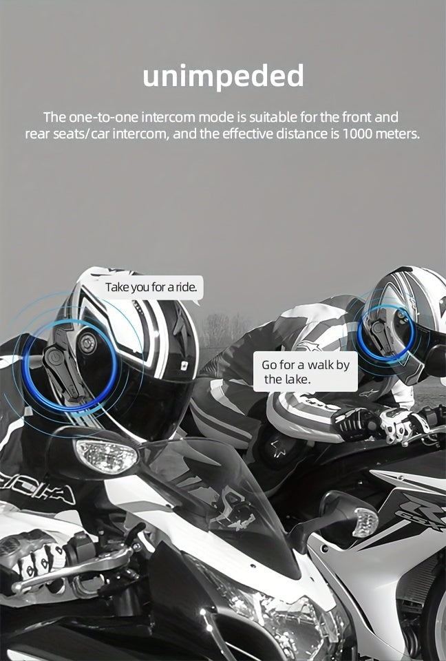 Motorcycle Helmet Bluetooth Intercom Headset – Wireless 2-Rider Communication, Compatible with Full-Face, 3/4 & Open-Face Helmets