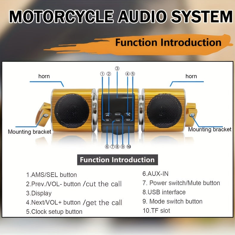 KORBROS Motorcycle Bluetooth Soundbar – IPX5 Waterproof, Built-in Amplifier, FM Radio, USB & AUX, 12V MP3 Player for Handlebar Mount