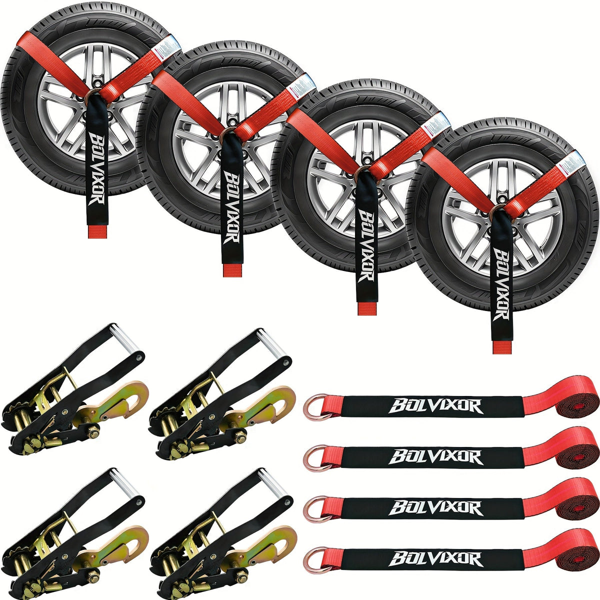 Ratchet Tie Down Straps 4-Pack – 9900 LB Break Strength, 2"x96" Wheel Straps with Snap Hooks for UTV, SUV, Truck & Trailer Transport