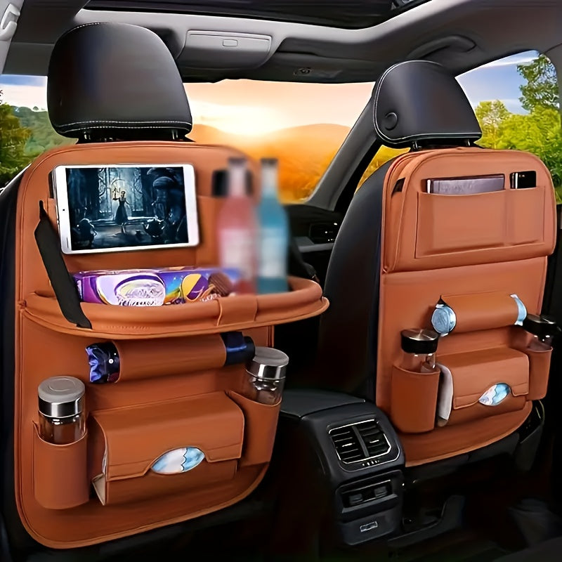 Car Back Seat Organizer 2pcs All-in-One – Foldable Table Tray Kick Mats Cup Holder Tissue Box Umbrella Holder Laptop Tray SUV Truck Khaki Coffee