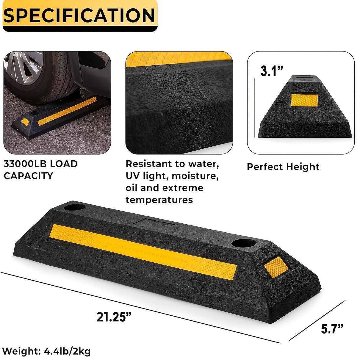 Rubber Parking Wheel Stopper 4-Pack – Heavy Duty Garage Curb Stop with Reflective Yellow Tape, Durable Car Wheel Chock for Driveway & Parking Lot