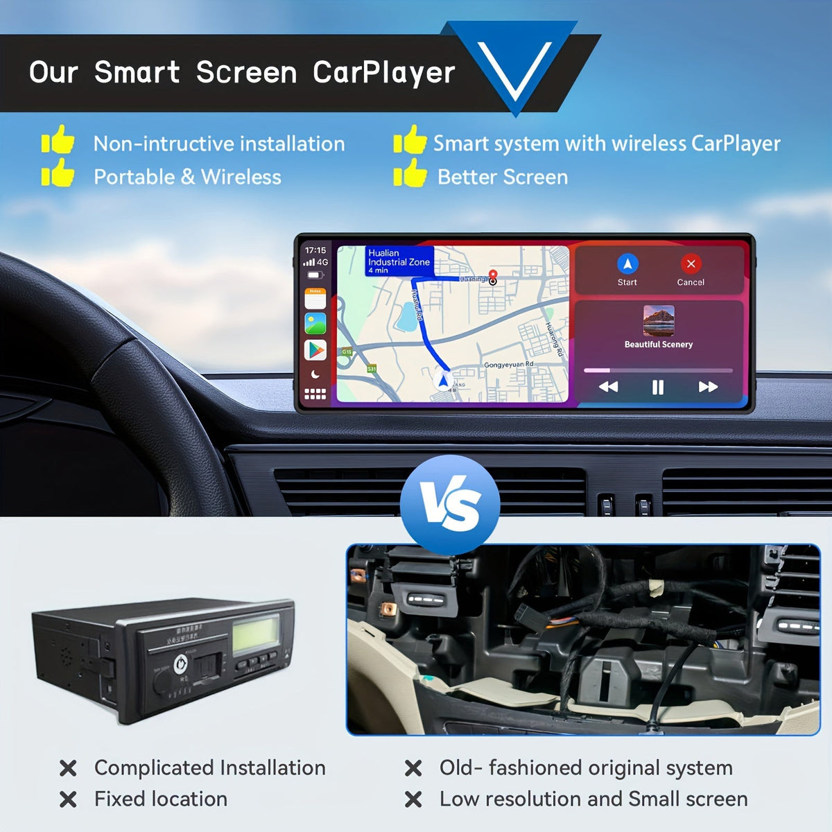 Portable Wireless CarPlay Screen 10.26" HD Touchscreen, Android Auto, Mirror Link, Backup Camera, GPS Navigation, AUX — Universal Fit