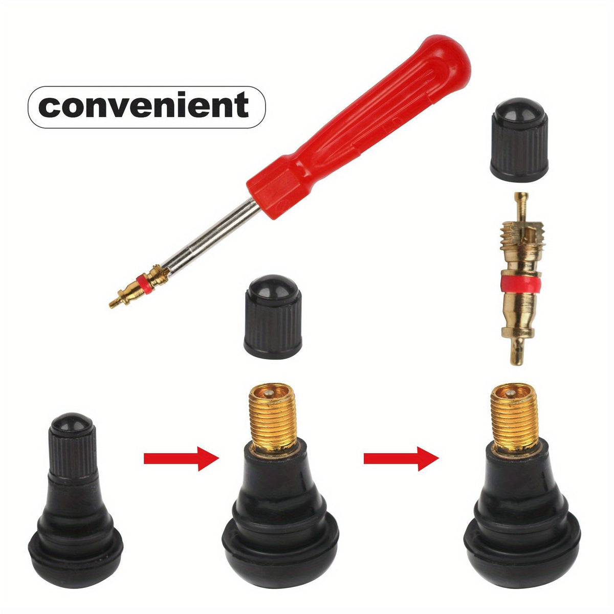 Tire Valve Stem Tool Kit 54-Piece, Valve Stem Puller Installer & Core Remover Set for Cars Trucks Motorcycles ATVs Bicycles, TR412 Stems, Copper Valve Cores & Caps Included
