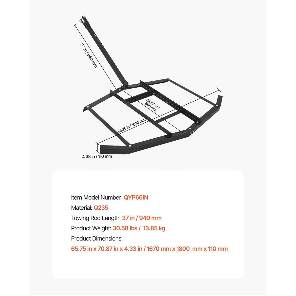 Tow Behind Drag Harrow 66"/74"/84" – Heavy-Duty Q235 Steel ATV UTV Tractor Pull Behind Rake for Gravel Driveway Lawn Arena Leveling
