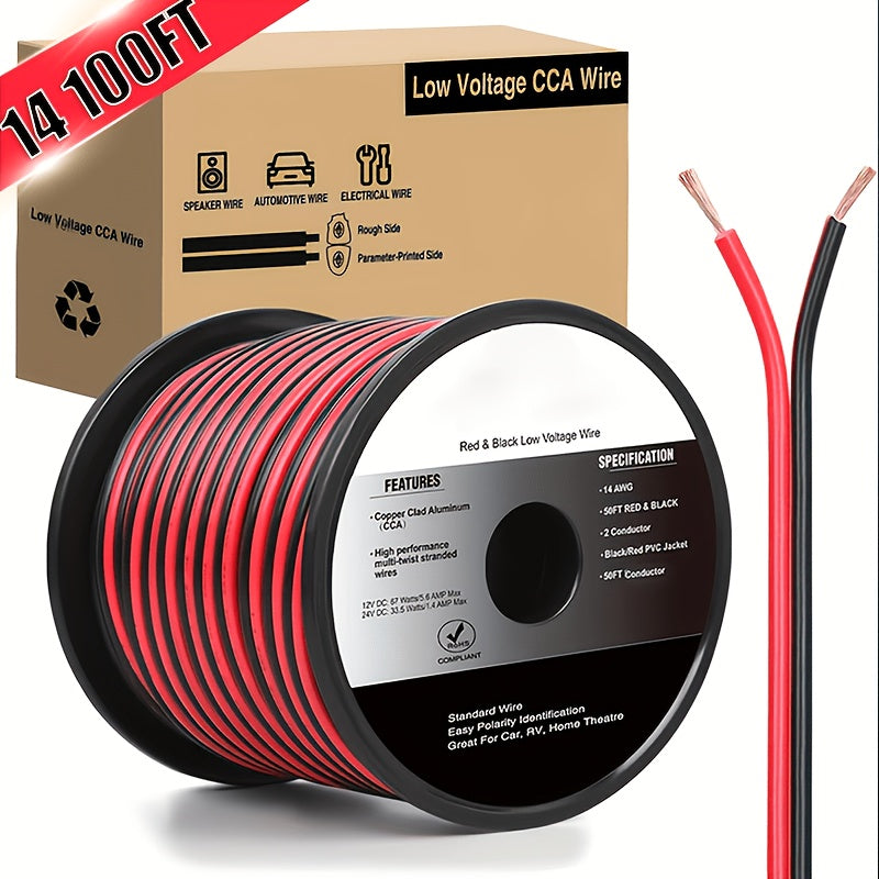 CCA Speaker Wire Red Black 2-Conductor Parallel DC Flexible Cable for Car Audio Amplifier Radio Speaker LED Strip 12V 24V 36V Copper Clad Aluminum