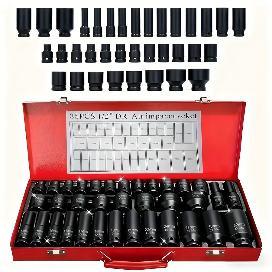 Deep Impact Socket Set 1/2" Drive 6-Point Metric 8-32mm Cr-Mo Steel for Axle Hub Nut Heavy-Duty Vehicle Repair 10 15 35-Piece with Case