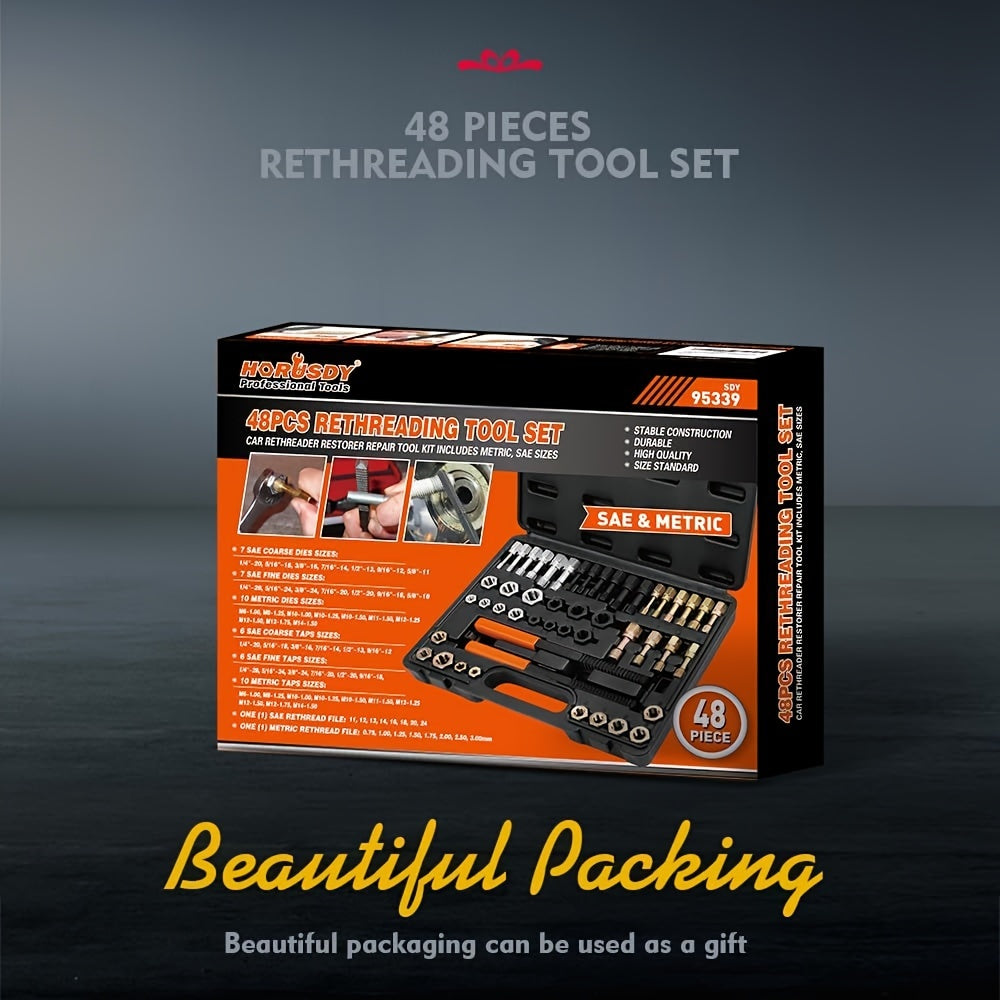 48-Piece Thread Chaser & Rethreading Repair Kit – SAE (UNF/UNC) & Metric Taps, Dies & Files, Color-Coded, with Protective Case