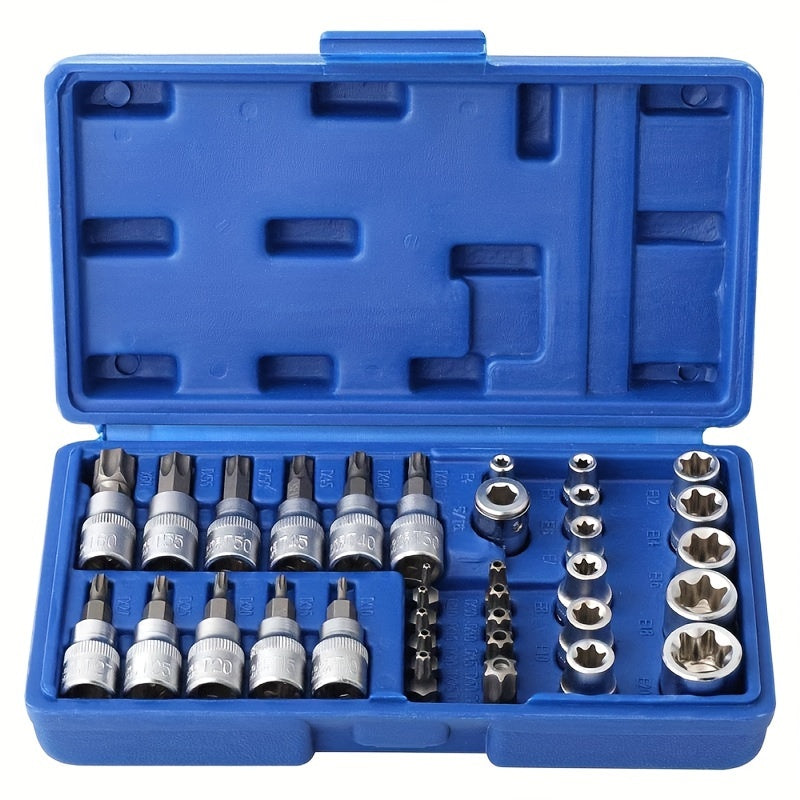 Torx Socket Set 34-Piece – Torx Bit Sockets & E-Torx Sockets for 1/4", 3/8" & 1/2" Drive, Male & Female Security Bits, Universal Fit