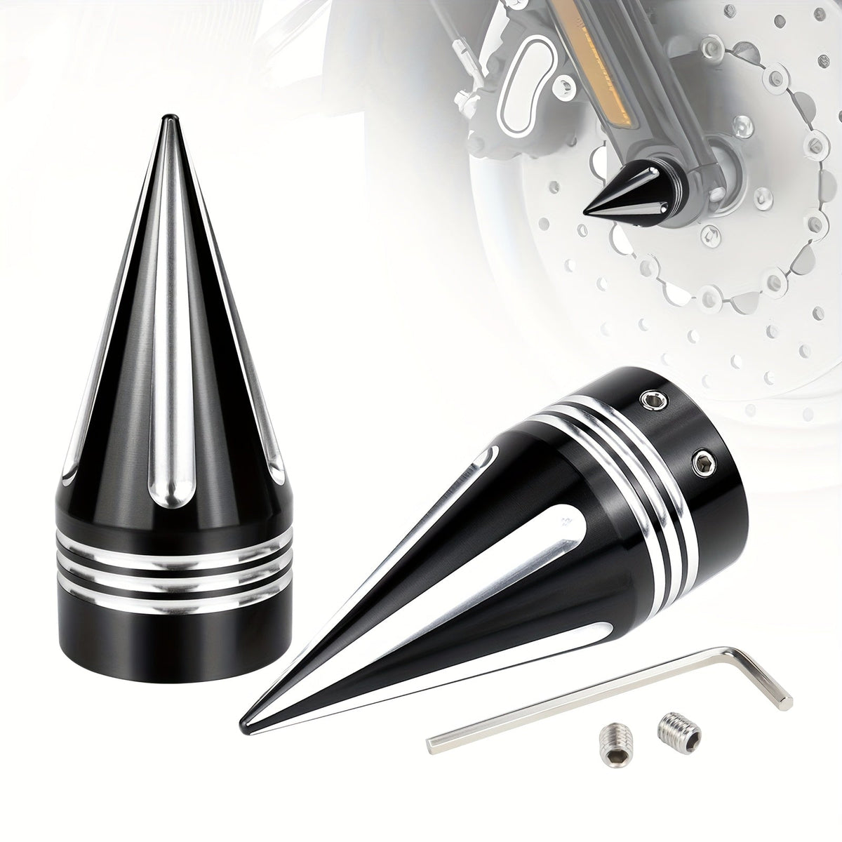 Harley Front Axle Nut Covers CNC Spike Caps 3.6" – Bolt-On Pair for Touring Street Glide Road King Electra Glide Tri Glide 2008+ | Black & Silver