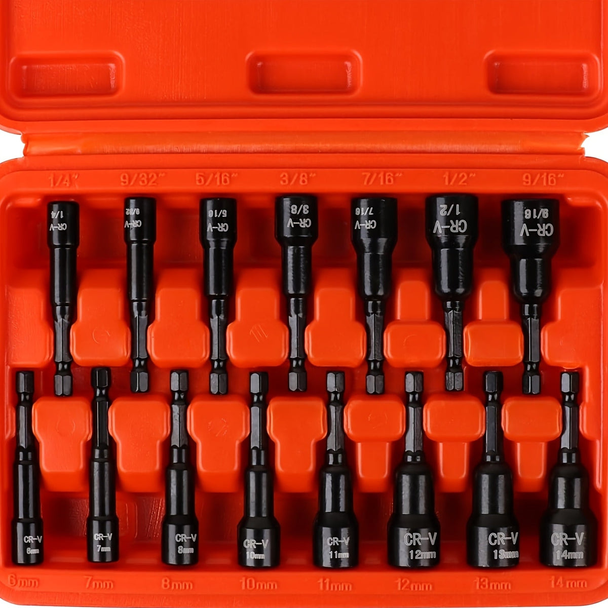 Magnetic Nut Driver Set 15pcs – 1/4" Hex Shank, SAE 1/4"-9/16" & Metric 6-14mm, Chrome Vanadium Steel, Impact Driver Compatible