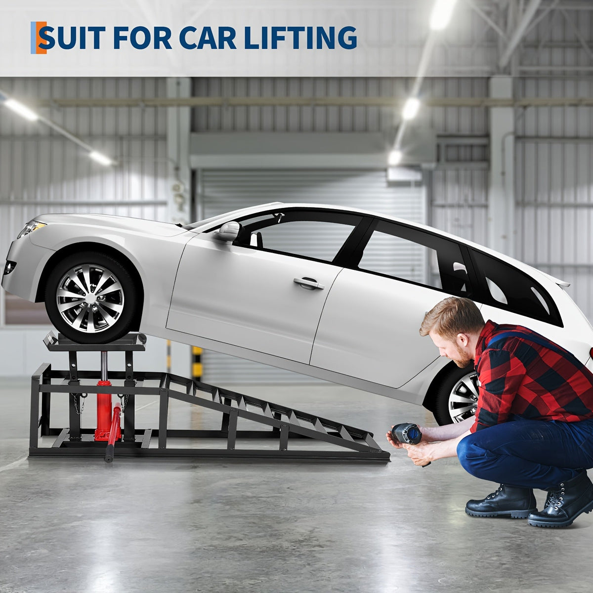 Hydraulic Car Ramps 2 Pack 5-Ton 11000 LBS - Low Profile Heavy Duty Steel Service Lift Ramps for Car Truck Trailer Garage Repair, No Installation Required