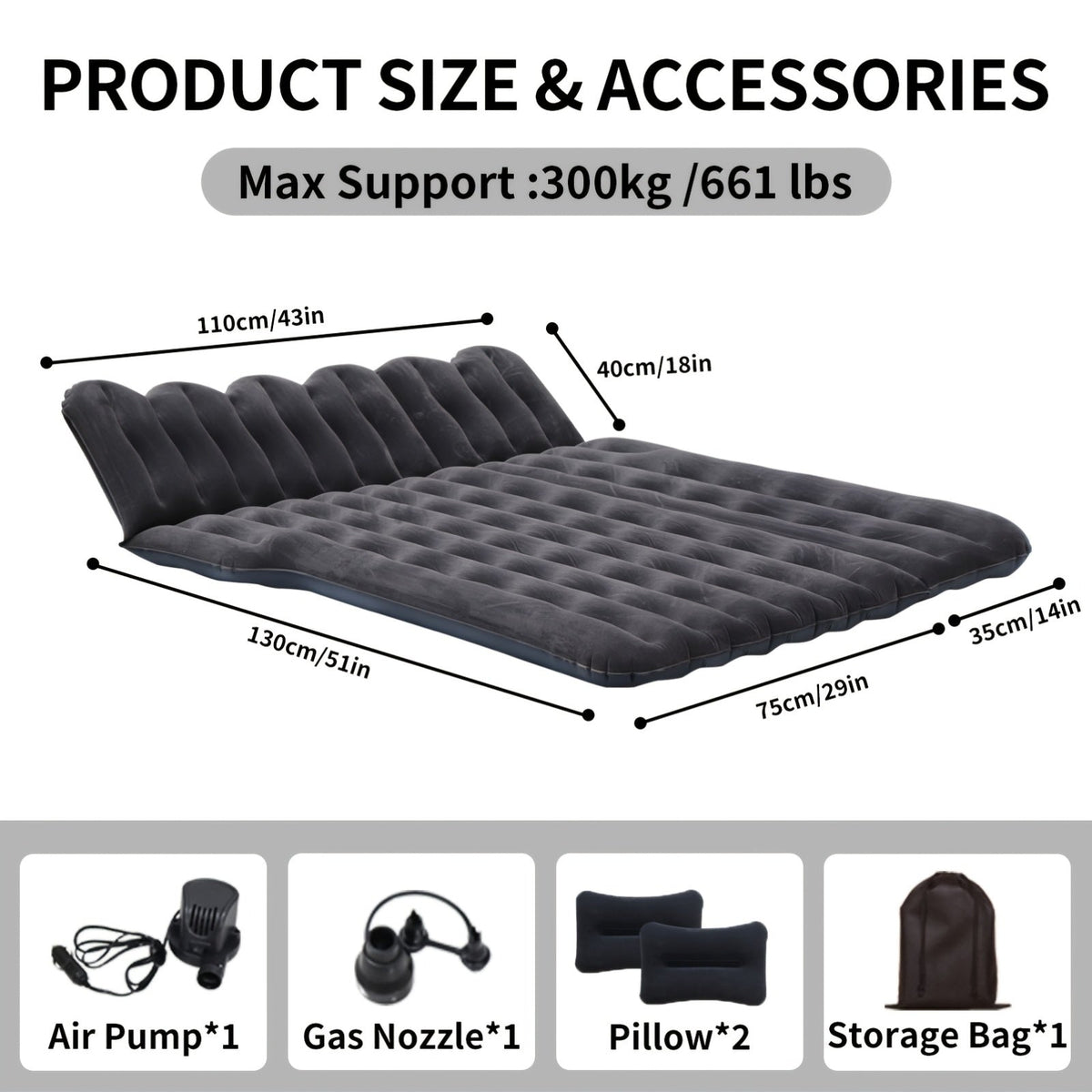 SUV Air Mattress Inflatable Car Bed 67x49x4 Inch Flocking Surface with Air Pump 2 Pillows Carrying Bag Solo or Couple Camping Road Trip Black Grey