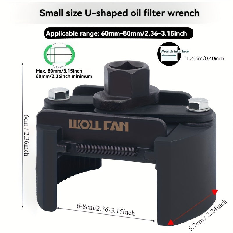 Adjustable Oil Filter Wrench Universal Two-Jaw Reversible U-Shape Hex Socket Drive Black Metal with Adjustment Knob for Engine Oil Change