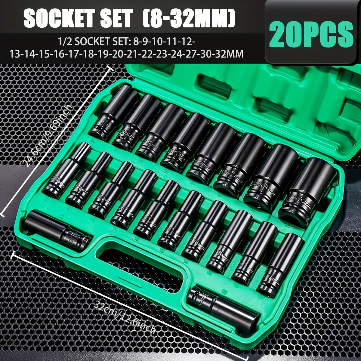 1/2-Inch Drive Deep Impact Socket Set – Chrome Vanadium Steel, Pneumatic & Electric Drill Compatible, Tire Removal & Auto Repair, with Green Storage Case (15 or 20 Piece)