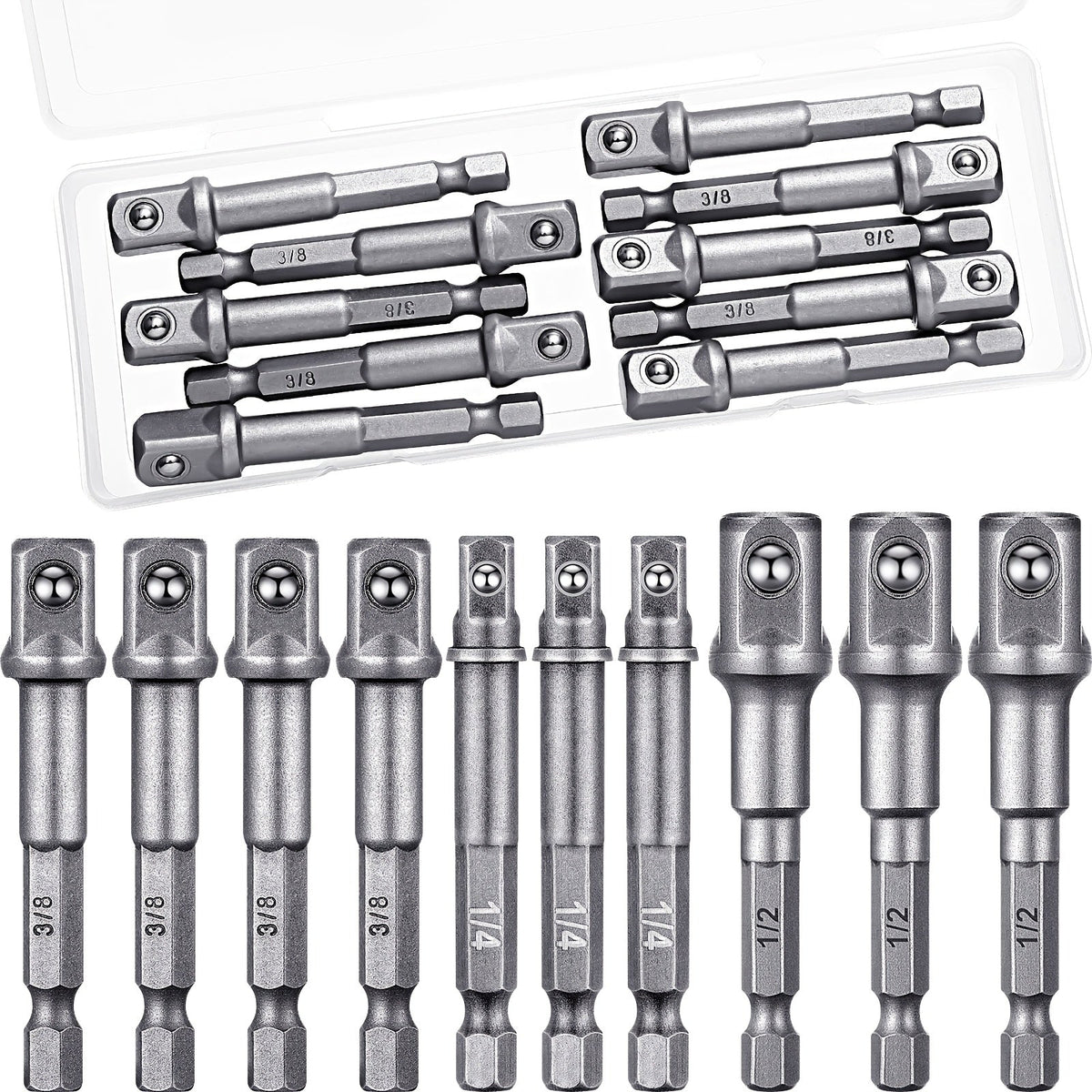 Impact Socket Adapter Set 1/2" 3/8" 1/4" Square Drive to Hex Bit, Extension Socket Driver for Drills & Impact Wrenches, Automotive & DIY Use — Silvery