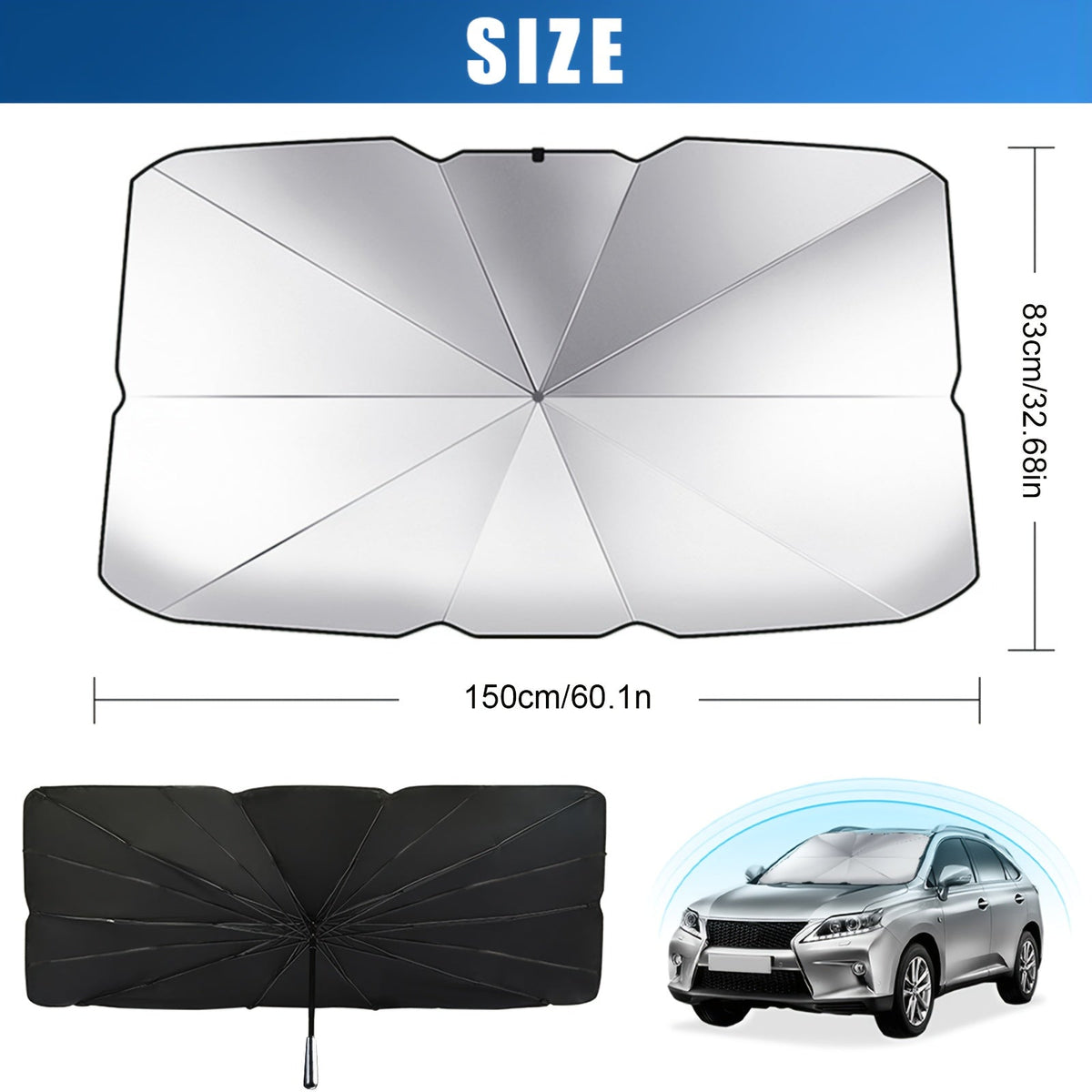 Windshield Sun Shade UV Protection – Auto-Open Foldable Fiberglass Heat Blocker | Car SUV Truck Front Visor Universal Fit Black