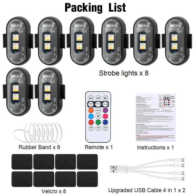 Strobe Warning Lights with Remote – 8-Color USB Rechargeable IP65 Waterproof Anti-Collision LED for Car Truck Motorcycle Bicycle Drone, 6 or 8pcs