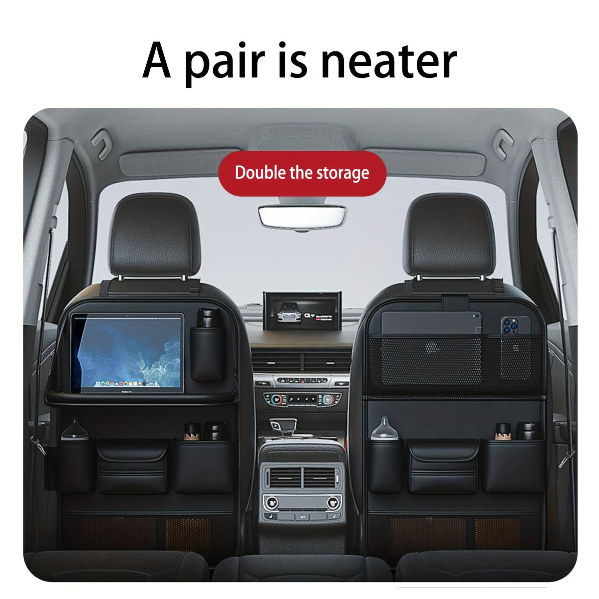 Car Backseat Organizer with Foldable Tray Table – PU Leather Kick Mat, Tablet Holder & Multi-Pocket Rear Seat Storage | Universal Fit SUV Truck