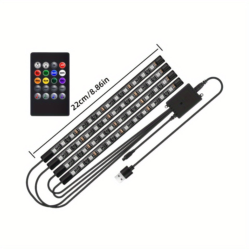 Car Interior LED Strip Lights RGB 48LED USB Powered Music Sync Remote Control Colorful Underfoot Ambient Lighting for Car SUV Truck 4pcs Set