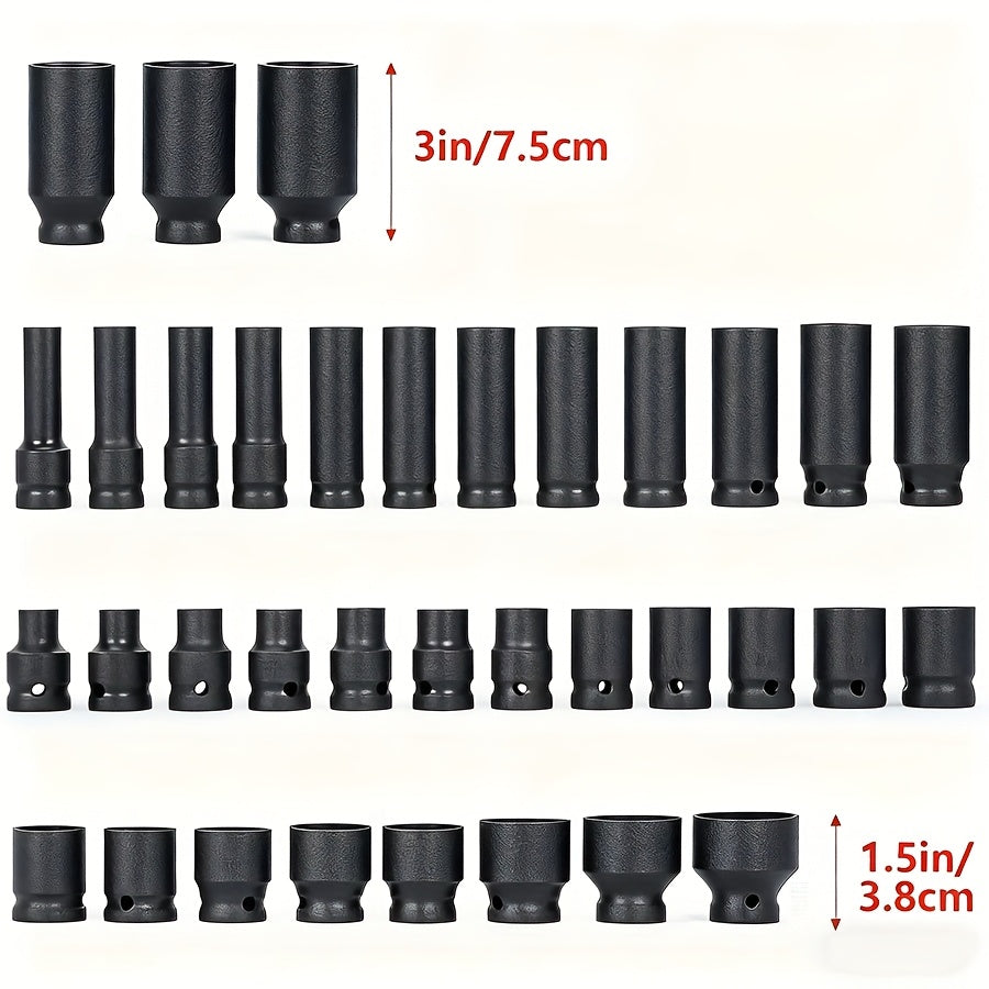 Deep Impact Socket Set 1/2" Drive 6-Point Metric 8-32mm Cr-Mo Steel for Axle Hub Nut Heavy-Duty Vehicle Repair 10 15 35-Piece with Case