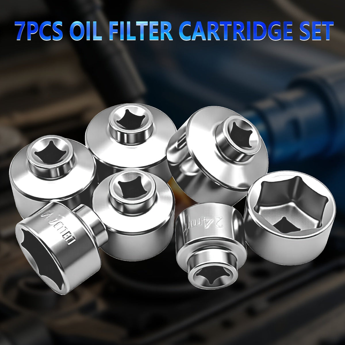 Oil Filter Socket Wrench Set 7-Piece – 24mm to 38mm CR-V Steel, 3/8" Drive Hex Cap Wrench Kit for Oil Changes, Universal Fit