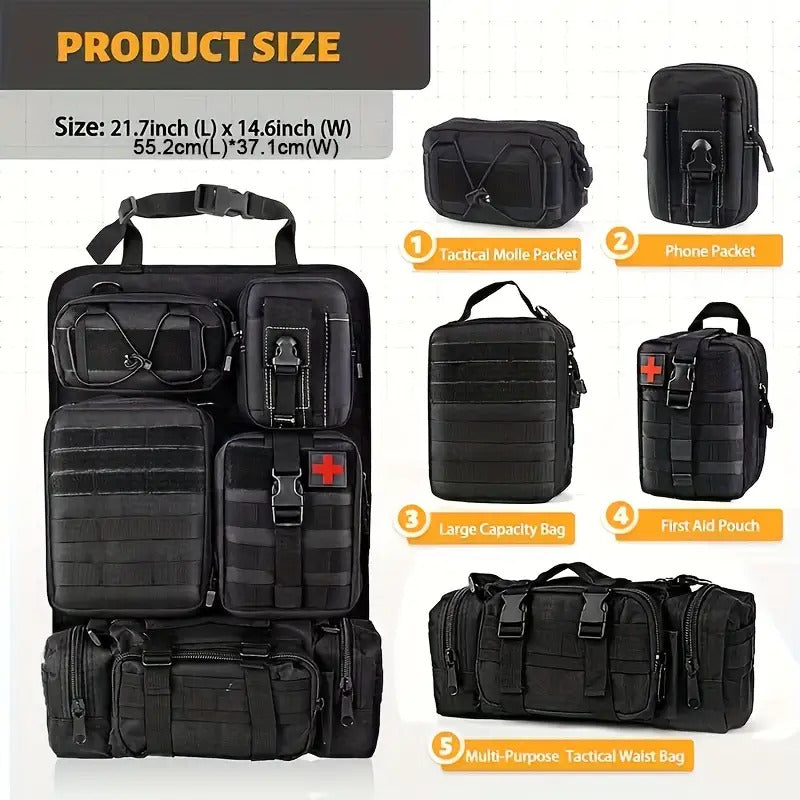 MOLLE Tactical Car Seat Organizer Pouch 6pcs Set Heavy Duty Nylon Adjustable Seat Back Storage for Jeep Truck SUV Gear First Aid Tools EDC Black