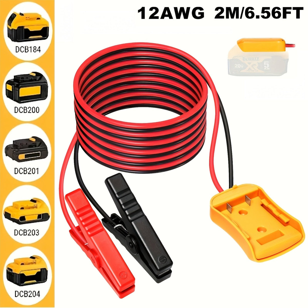Car Jump Starter Cable Adapter for DeWalt 18V/20V DCB Battery – Portable 12V Battery Pack Connector, ABS, 0.98ft & 6.56ft Options, Battery Not Included