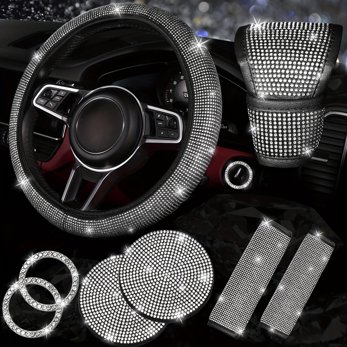 Bling Car Accessories Set for Women – 8pcs Rhinestone Steering Wheel Cover, Cup Coasters, Seat Belt Shoulder Pads, Starter Rings & Gear Shift Cover