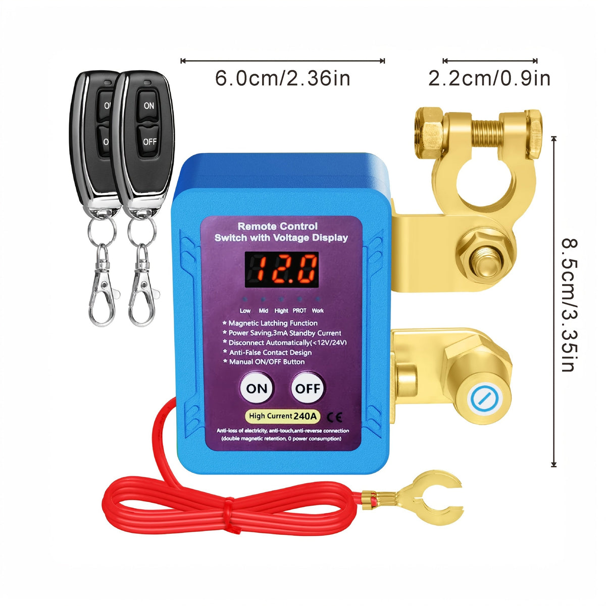 Battery Disconnect Switch 12V 240A, LED Voltage Display, Anti-Theft Car Kill Switch, Prevents Battery Drain, for Car Truck RV (No Wireless Function)