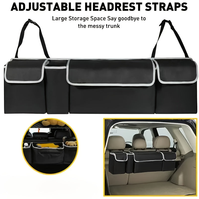 Car Trunk Organizer Foldable – 4-Pocket Rear Seat Hanging Storage Bag for SUV Truck MPV Jeep | Cargo Purse Holder Universal Fit Black