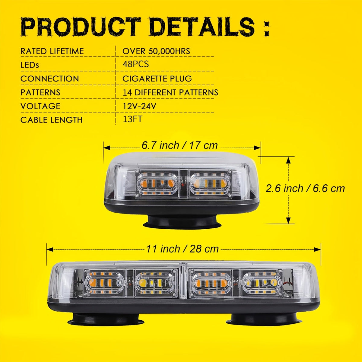 48 LED Mini Beacon Light Bar with Magnetic Base – Amber & White Strobe Warning Light for Snow Plow Trucks, Construction & Off-Road Vehicles, 12-24V