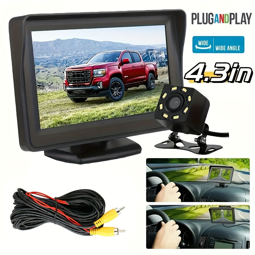 Backup Camera Kit with 4.3" Monitor – 8 LED Night Vision, Wide Angle Rearview Camera for Cars, Trucks & SUVs, HD Parking System