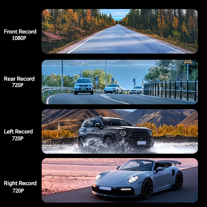 4-Channel Dash Cam 1080P Front + 480P Side Rear Camera, 2.4" Screen, Night Vision, Motion Detection, Wide Dynamic Range, Optional 64GB Card