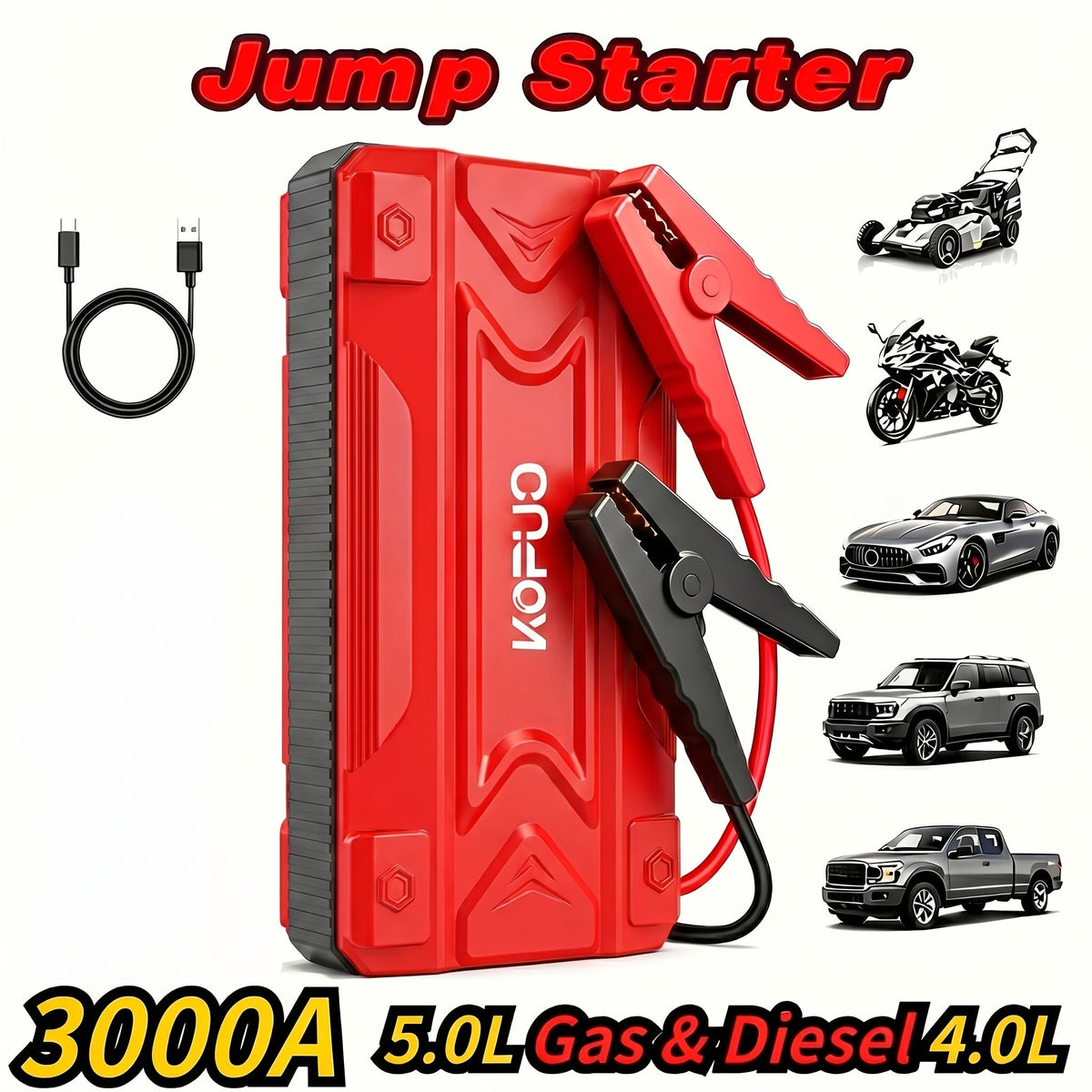 Portable Car Jump Starter 6000-20000A Peak – 7-in-1 with 150PSI Air Compressor, Power Bank, LED Light & Smart Clamp, 12V Battery Booster