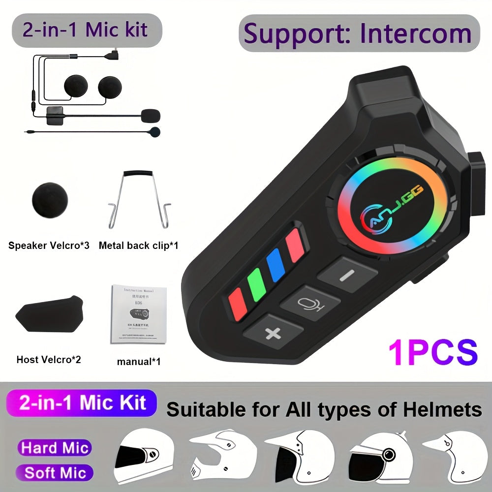 Motorcycle Helmet Headset 1000mAh Wireless Intercom Hands-Free Calls Music Voice Control Noise Cancelling HD Speakers Long Battery Life for Riders Black