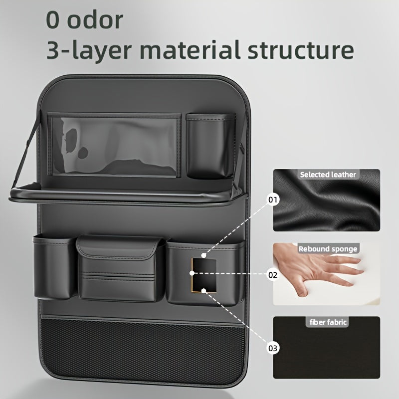 Car Seat Back Organizer with Folding Dining Table & Cup Holder – Premium PU Leather, Spacious Storage, Travel Accessories | 1pc & 2-Pack, Multi-Color