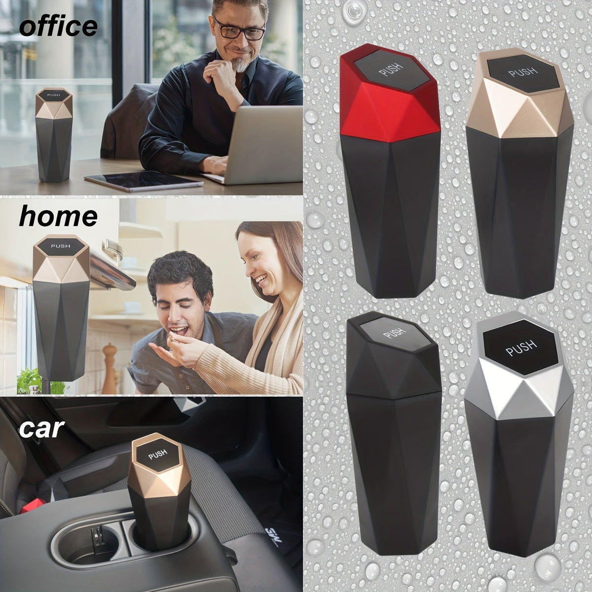 Car Trash Can with Lid & Bags 6-Piece Set - Mini Diamond Design, One-Button Lid, 2 Cans + 60 Bags, Fits Cars Trucks SUVs, Cow Print